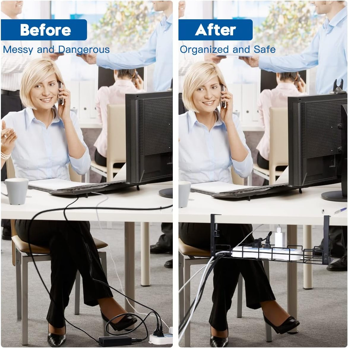 Nodrill 2 Pack 15.7" under Desk Cable Management Tray, Sturdy Metal Cord Organizer for Office & Home Standing Desk