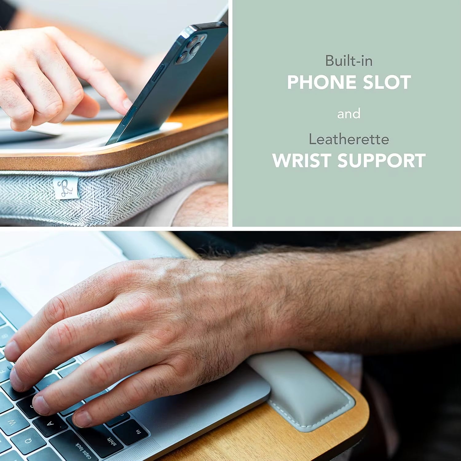 Premium Acacia Wood Lap Desk with Wrist Rest, Mouse Pad & Phone Holder - Fits 15.6 Inch Laptops - Natural Finish
