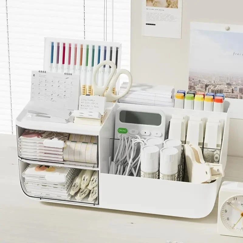 Large Capacity Multifunctional Desk Organizer with 2 Transparent Drawers, Desktop Office Supplies Storage Pen Holder for School