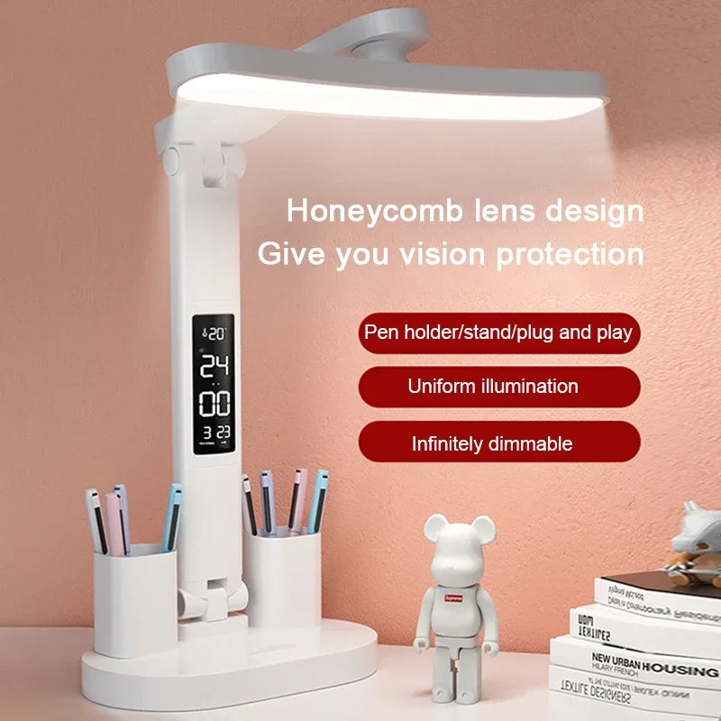 Clock LED Table Lamp USB Chargeable Dimmable Desk Lights Foldable Eye Protection Desktop Study Desk Reading Night Light Lamps