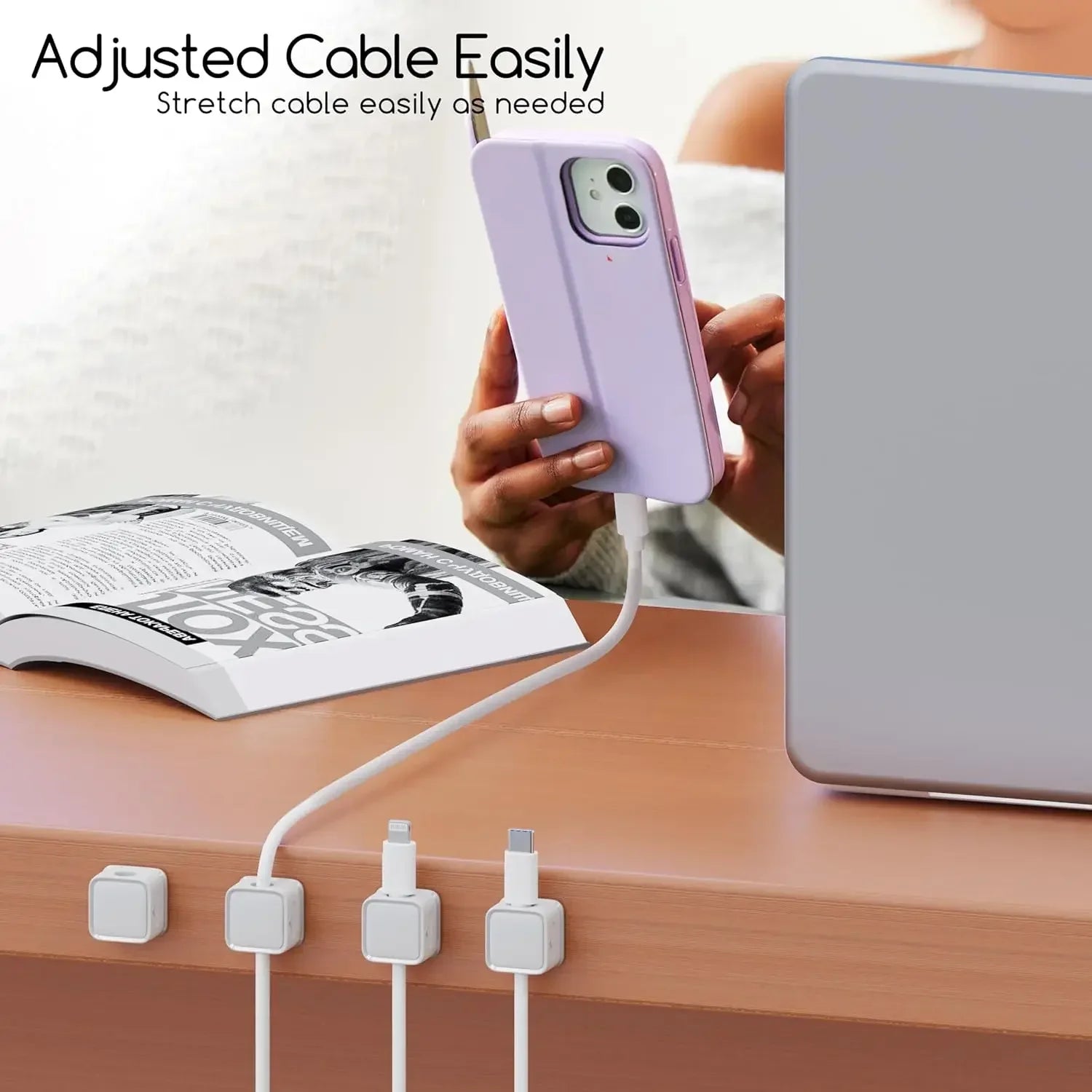 Magnetic Cable Clips:Adjustable Cord Holder for under Desk Cable Management-Smooth Wire Keeper & Organizer Desk Organiser