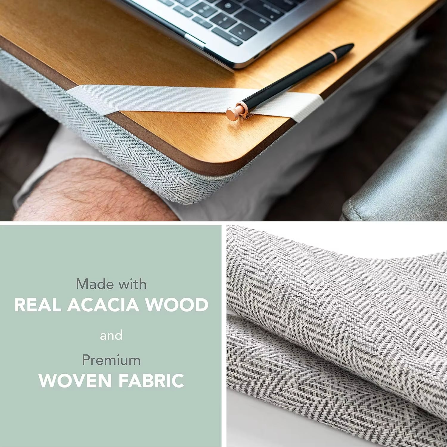 Premium Acacia Wood Lap Desk with Wrist Rest, Mouse Pad & Phone Holder - Fits 15.6 Inch Laptops - Natural Finish