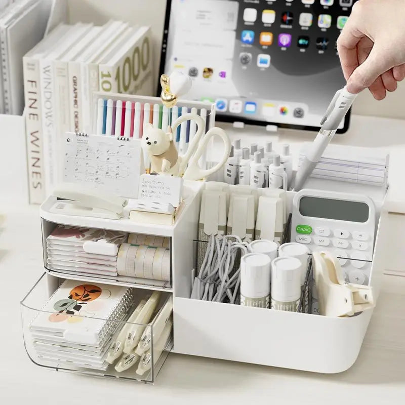 Large Capacity Multifunctional Desk Organizer with 2 Transparent Drawers, Desktop Office Supplies Storage Pen Holder for School