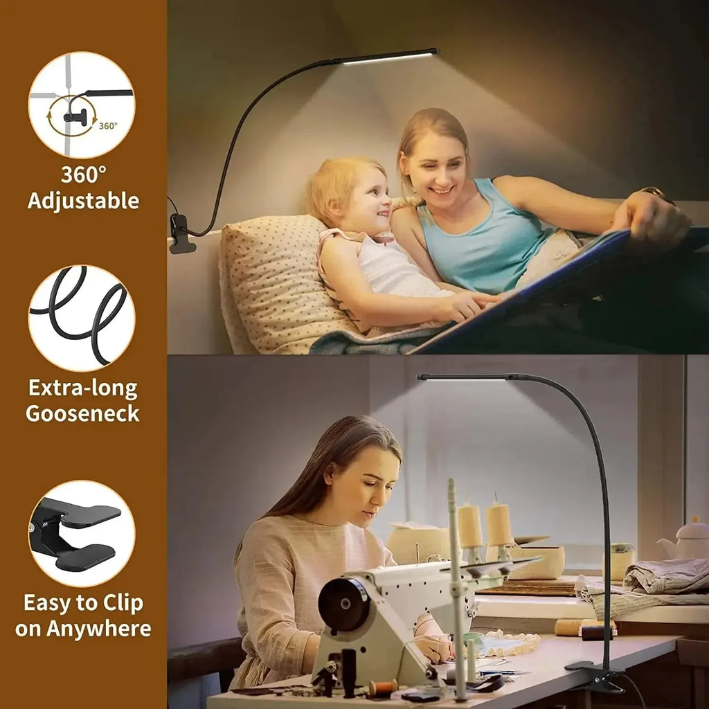10W LED Desk Lamp with Clamp Dimmable Clip on Reading Light 10 Brightness Level 3 Lighting Modes Flexible Study Table Lamp USB