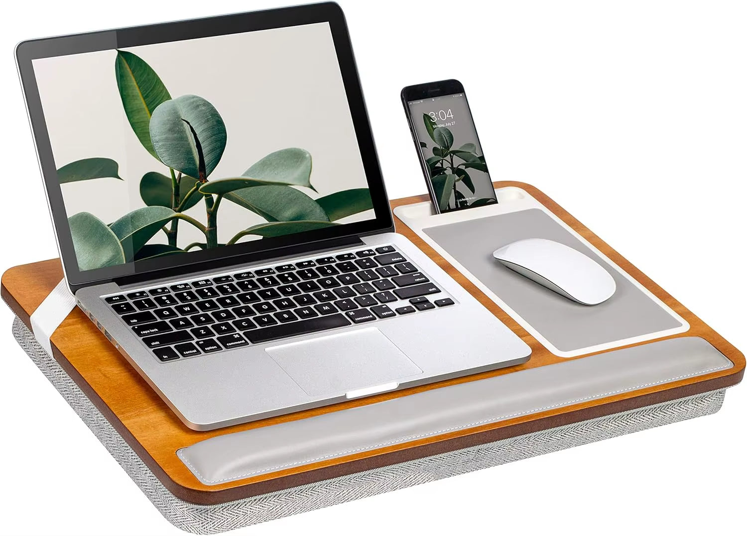 Premium Acacia Wood Lap Desk with Wrist Rest, Mouse Pad & Phone Holder - Fits 15.6 Inch Laptops - Natural Finish