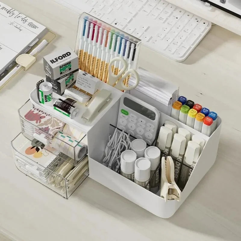 Large Capacity Multifunctional Desk Organizer with 2 Transparent Drawers, Desktop Office Supplies Storage Pen Holder for School