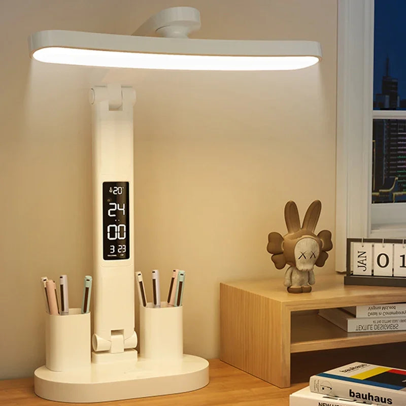 Clock LED Table Lamp USB Chargeable Dimmable Desk Lights Foldable Eye Protection Desktop Study Desk Reading Night Light Lamps