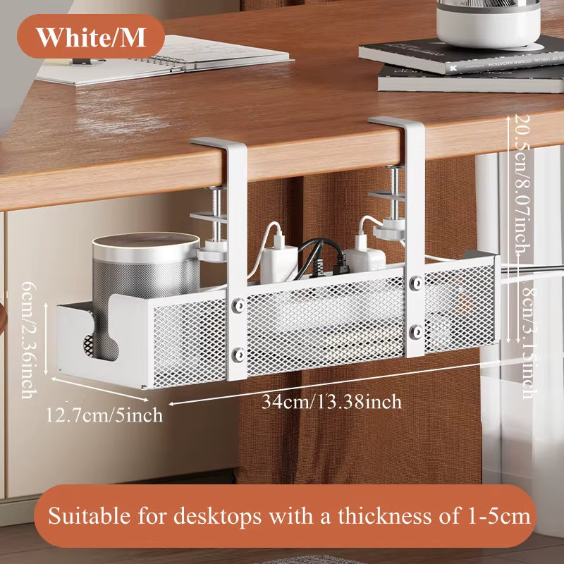 No Drilling Extendable under Desk Cable Management Metal Cable Tray under Desk with Clamp Retractable Power Strip Cord Holder