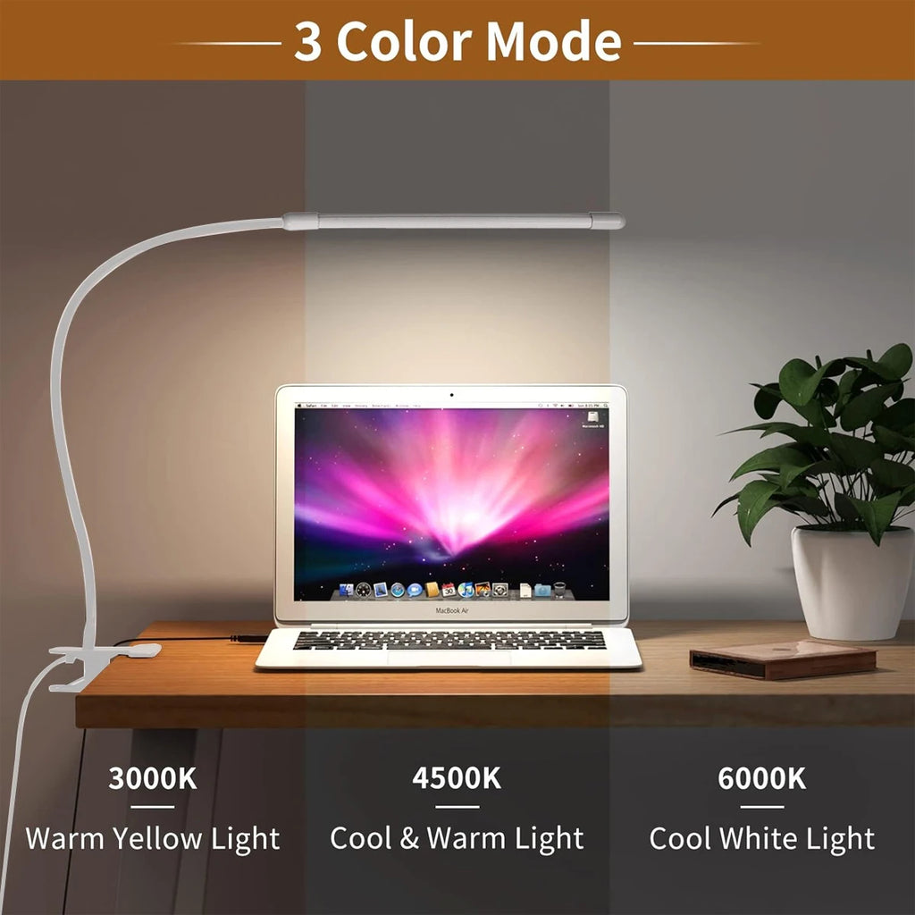 10W LED Desk Lamp with Clamp Dimmable Clip on Reading Light 10 Brightness Level 3 Lighting Modes Flexible Study Table Lamp USB