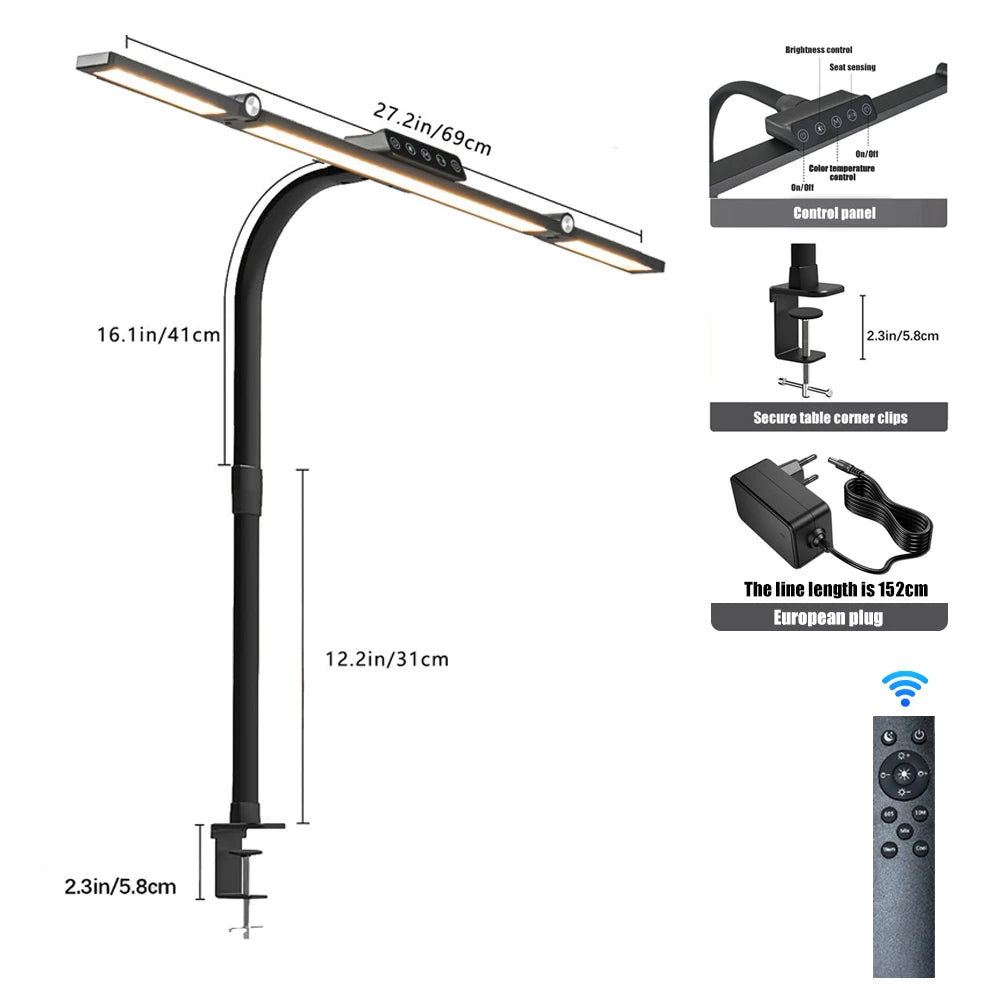 LED Full-Spectrum Eye-Caring Desk Lamp with Flexible Gooseneck Stepless Dimming Flicker-Free Touch Control Desk Lamp for Home