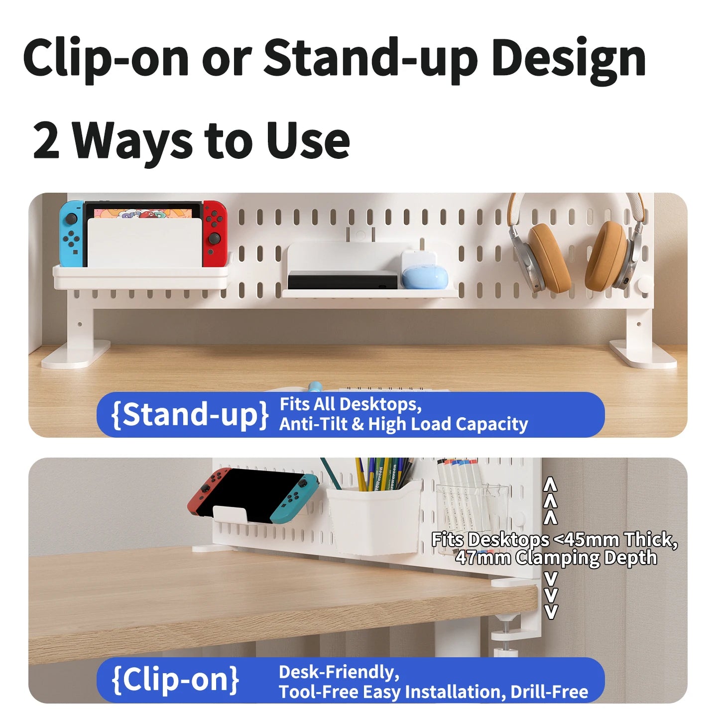 Office Desk Pegboard – Stand or Clamp Mount Options, Reusable Storage Rack Organizes Files, Tools & Stationery