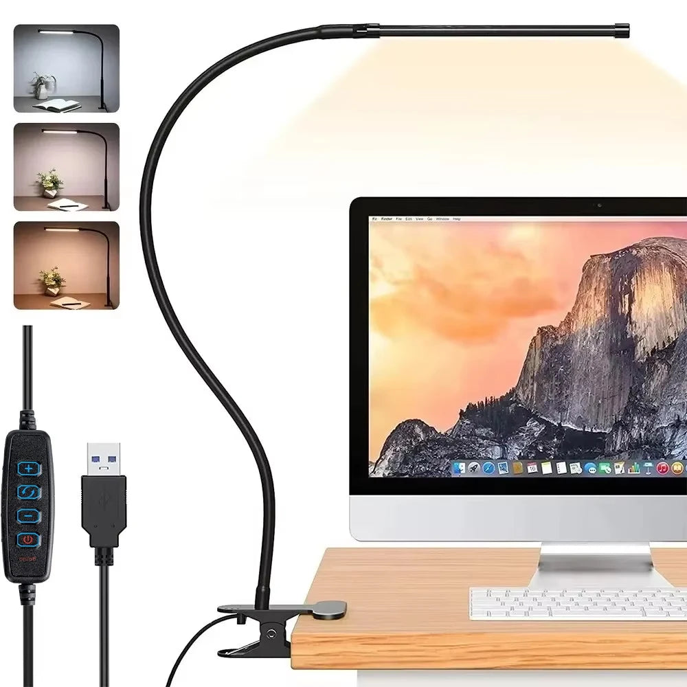 10W LED Desk Lamp with Clamp Dimmable Clip on Reading Light 10 Brightness Level 3 Lighting Modes Flexible Study Table Lamp USB