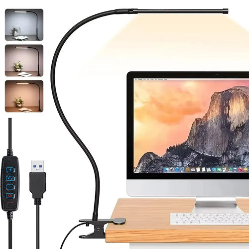 10W LED Desk Lamp with Clamp Dimmable Clip on Reading Light 10 Brightness Level 3 Lighting Modes Flexible Study Table Lamp USB