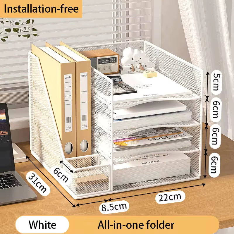 Desk Organizer with File Holder, Desk Organizers with 3 Tier Letter Trays and 2 Pen Holders, Mesh Desk Accessories & Workspace