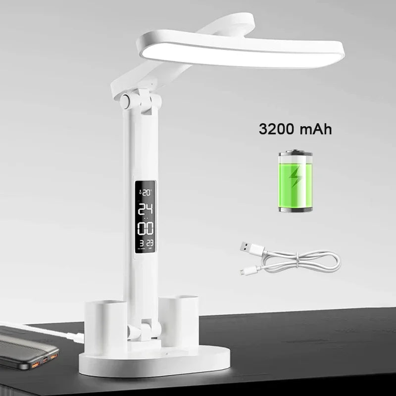 Clock LED Table Lamp USB Chargeable Dimmable Desk Lights Foldable Eye Protection Desktop Study Desk Reading Night Light Lamps